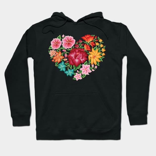 Mexican Embroidery Style Heart Design from Oaxaca, México (Black Background) Hoodie by Akbaly